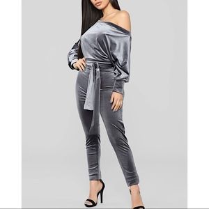 Silver velvet off-shoulder tie waist jumpsuit